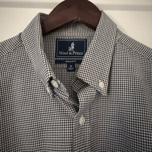 Wool & Prince Men's - Navy Gingham 100% Wool Dress Shirt in Medium